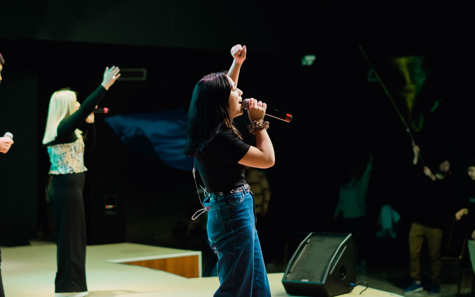 Woman singing into a microphone on stage with raised fist, band members behind her